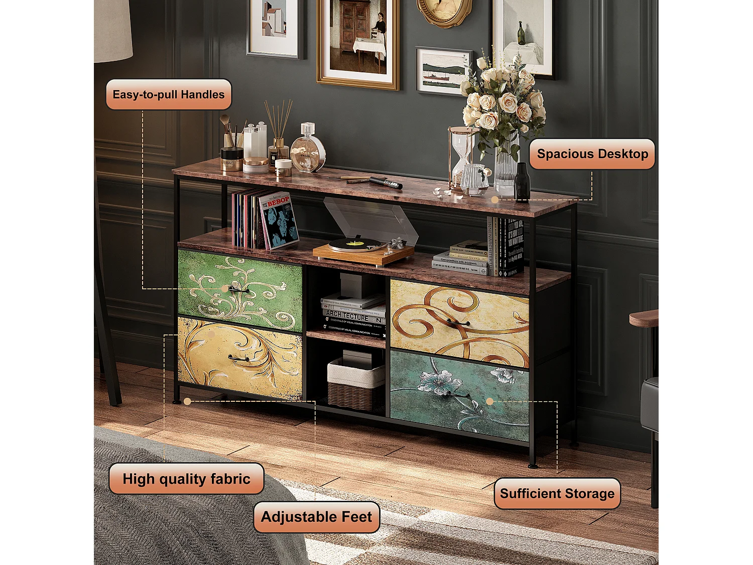 Meuble TV LED avec 4 Tiroirs - Petit Meuble Tele avec Rangement -  Commode en Tissu pour Le Salon Chambre à Coucher Entrée Rustique - Colorés