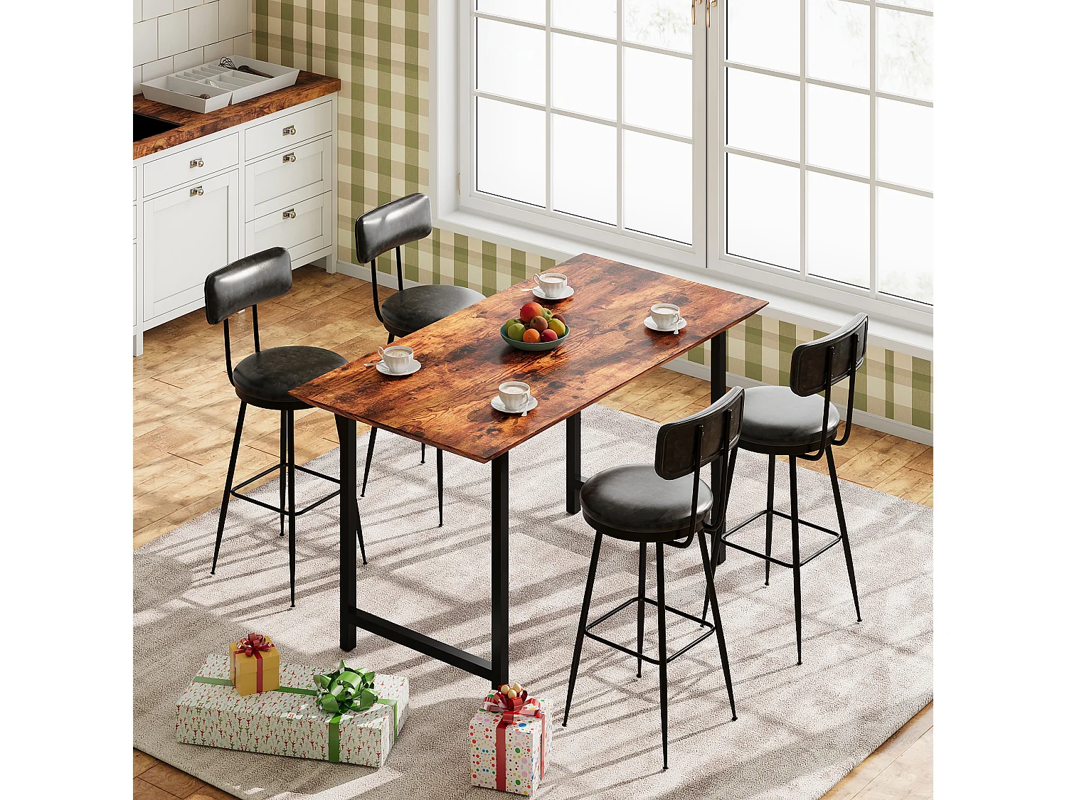Tabouret de Bar, Lot de 4, Chaise Haute Cuisine,Chaise de Bar avec Repose-Pieds et Dossier,pour Salle à Manger, Cuisine, Simili Cuir,Noir