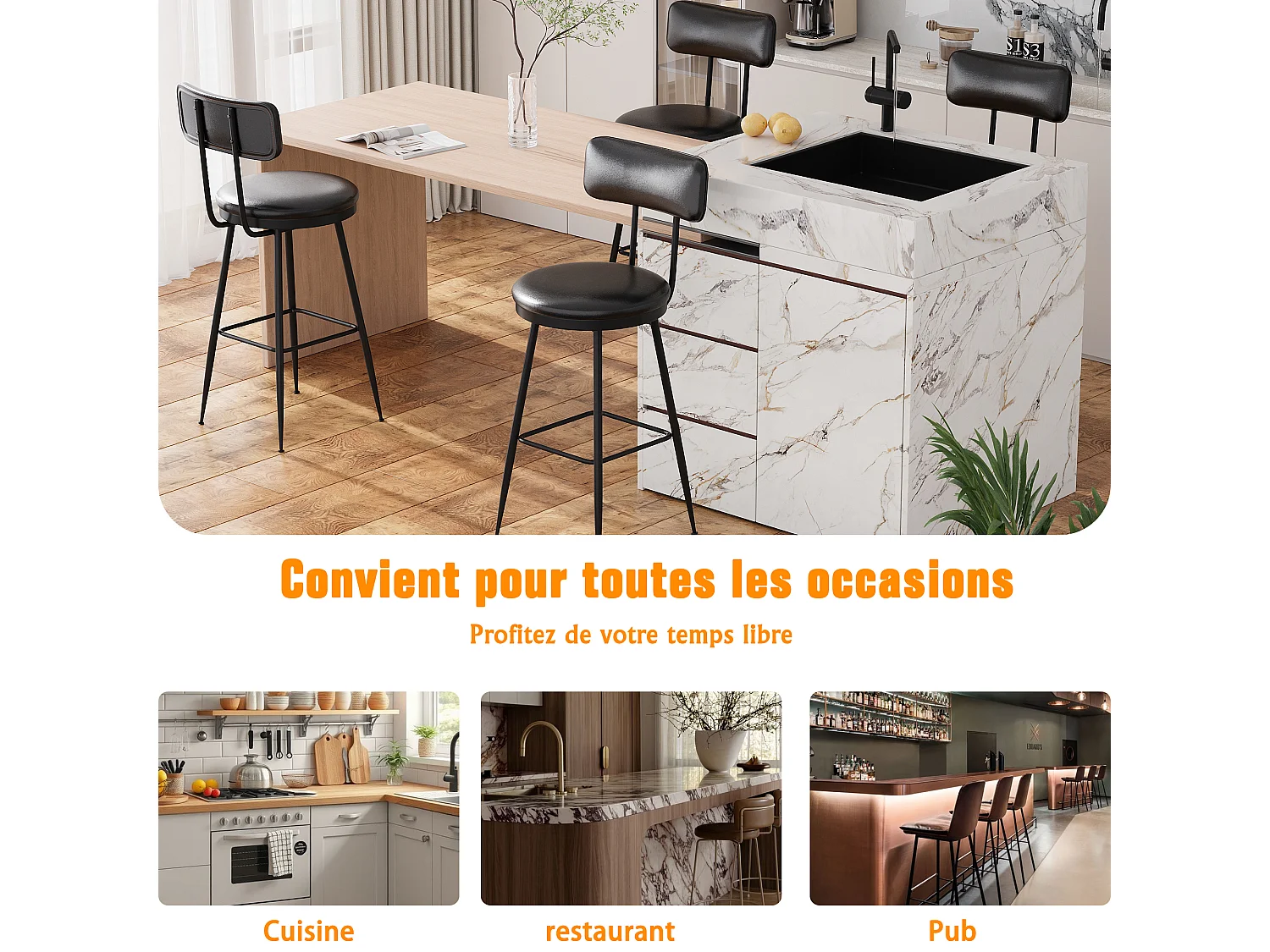 Tabouret de Bar, Lot de 4, Chaise Haute Cuisine,Chaise de Bar avec Repose-Pieds et Dossier,pour Salle à Manger, Cuisine, Simili Cuir,Noir