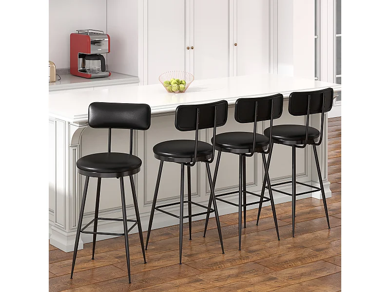 Tabouret de Bar, Lot de 4, Chaise Haute Cuisine,Chaise de Bar avec Repose-Pieds et Dossier,pour Salle à Manger, Cuisine, Simili Cuir,Noir