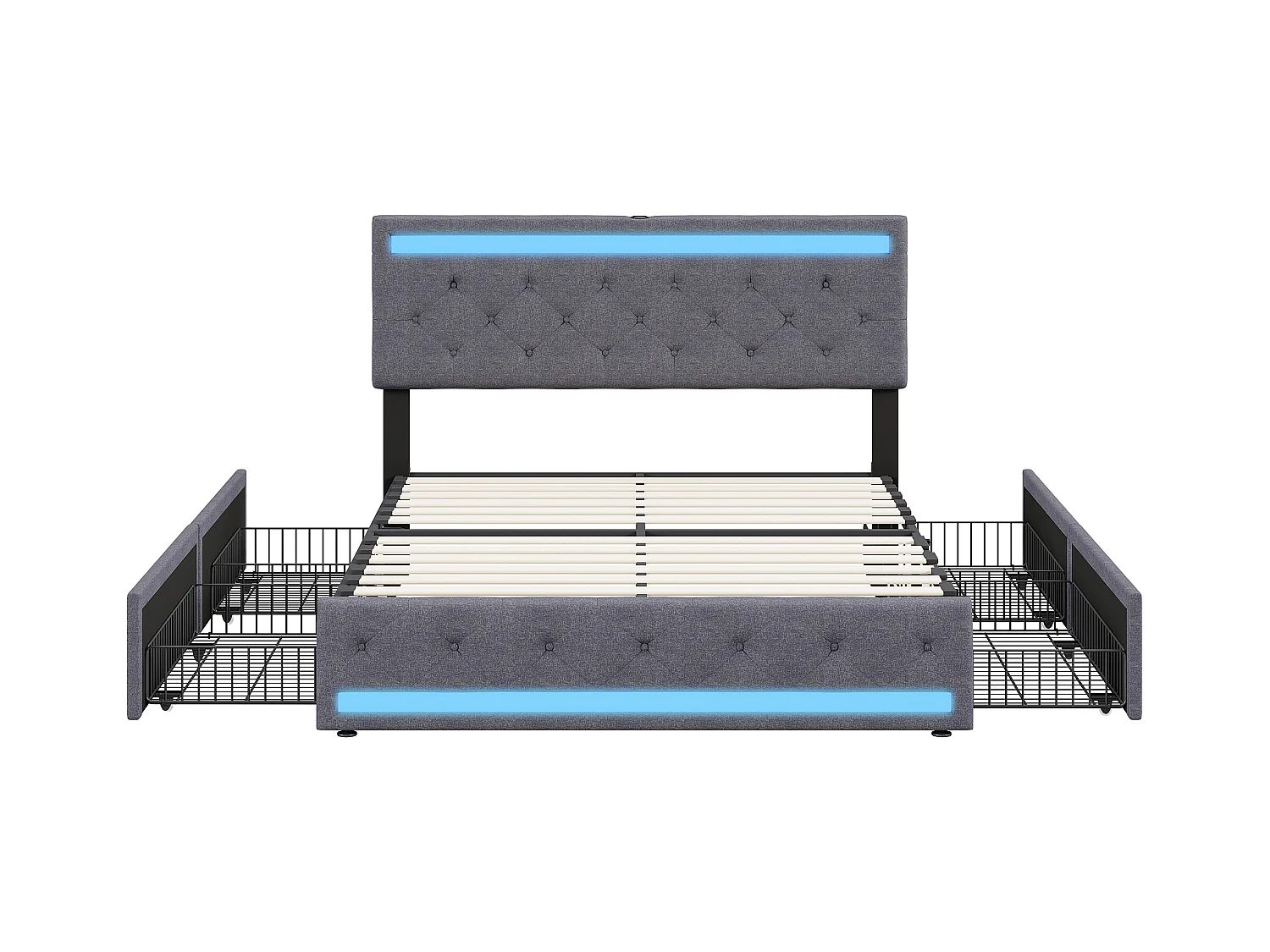 Lit rembourré 140 x 200 cm en velours,Tête de lit réglable,4 tiroirs,éclairages LED,lit double,gris