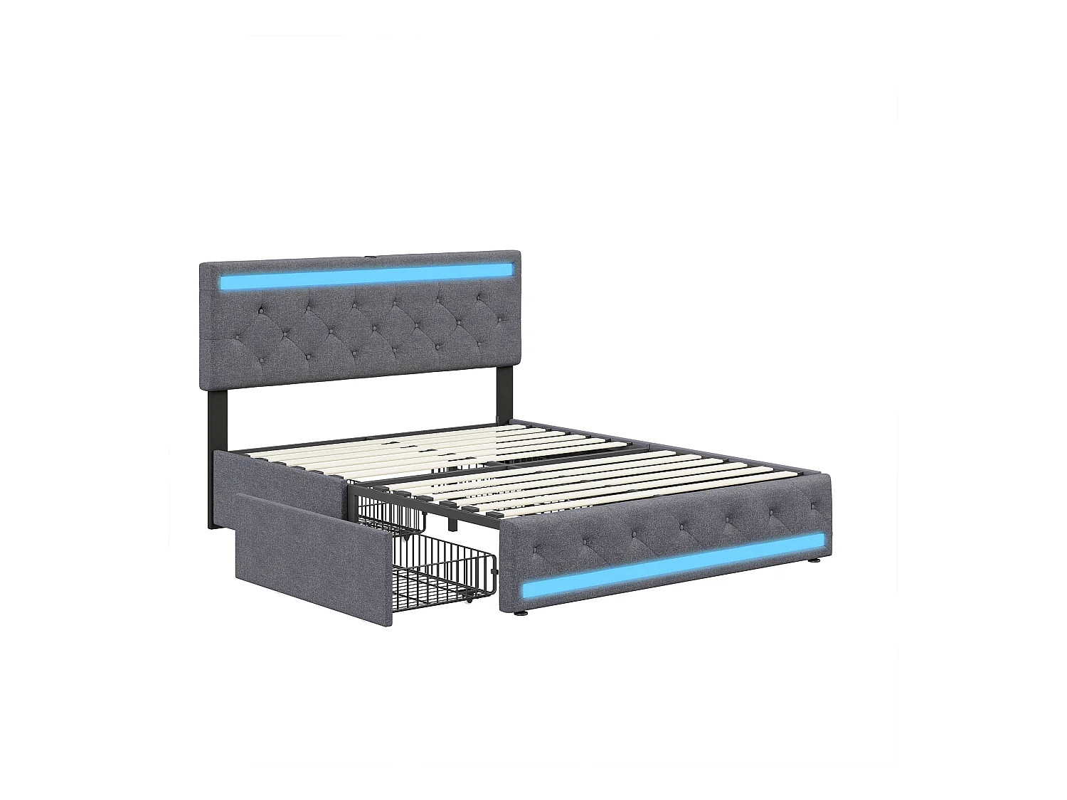 Lit rembourré 140 x 200 cm en velours,Tête de lit réglable,4 tiroirs,éclairages LED,lit double,gris