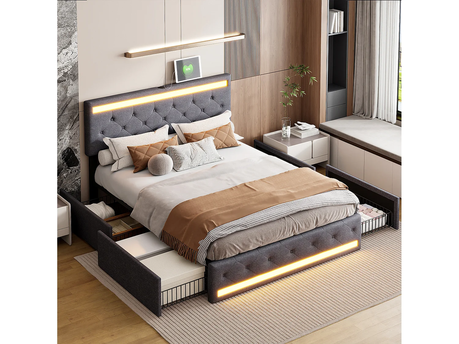 Lit rembourré 140 x 200 cm en velours，Tête de lit réglable，4 tiroirs，éclairages LED，lit double，gris