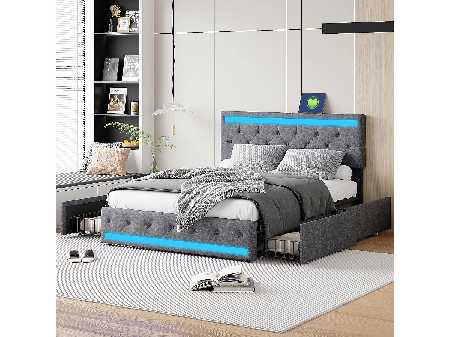 Gestoffeerd bed van 140 x 200 cm in fluweel, verstelbaar hoofdeinde, 4 lades, ledverlichting, tweepersoonsbed, grijs