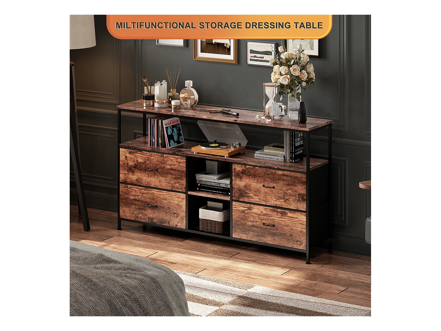 Commode Chambre  avec LED& 3 Tiroirs, Armoire à tiroirs multifonctionnelle pour Chambre et Salon - Buffet Stable et résistant, 137 * 30 * 78 cm, Marron Rustique