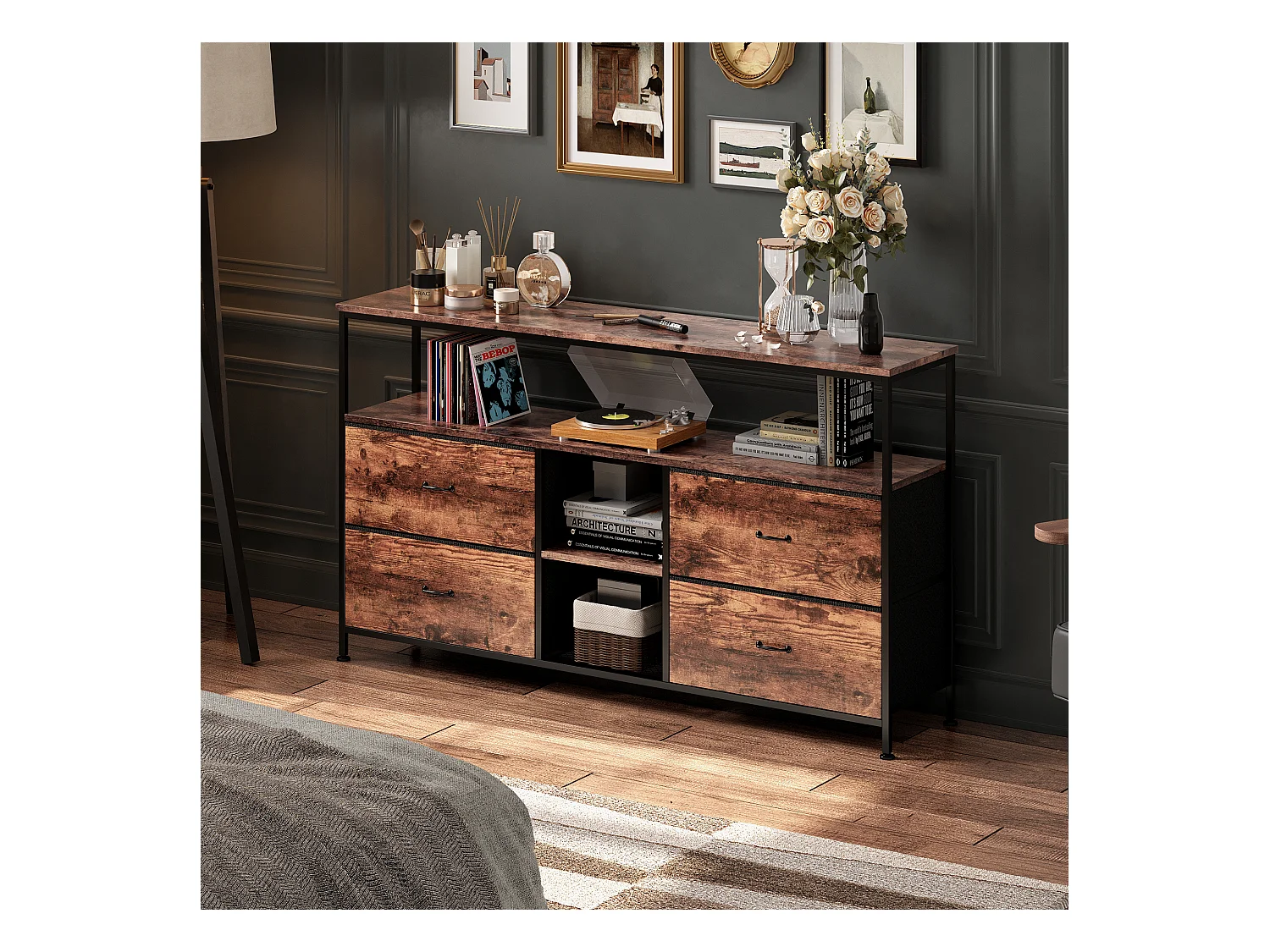 Commode Chambre  avec LED& 3 Tiroirs, Armoire à tiroirs multifonctionnelle pour Chambre et Salon - Buffet Stable et résistant, 137 * 30 * 78 cm, Marron Rustique