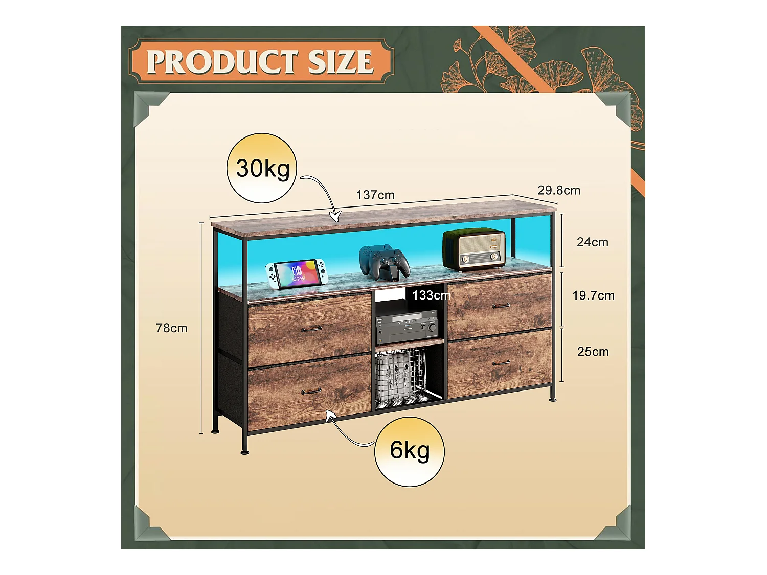 Commode Chambre  avec LED& 3 Tiroirs, Armoire à tiroirs multifonctionnelle pour Chambre et Salon - Buffet Stable et résistant, 137 * 30 * 78 cm, Marron Rustique