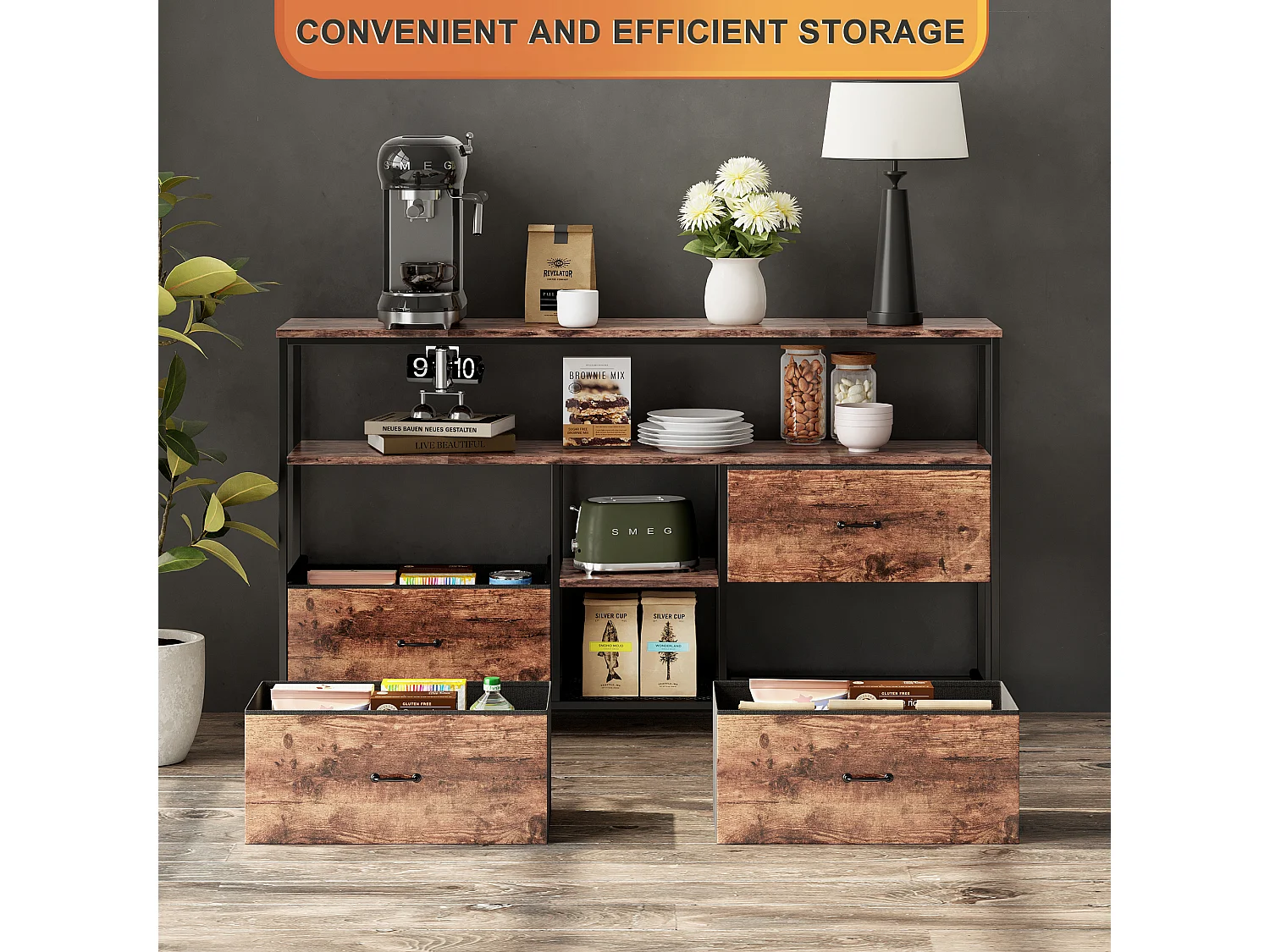 Commode Chambre  avec LED& 3 Tiroirs, Armoire à tiroirs multifonctionnelle pour Chambre et Salon - Buffet Stable et résistant, 137 * 30 * 78 cm, Marron Rustique