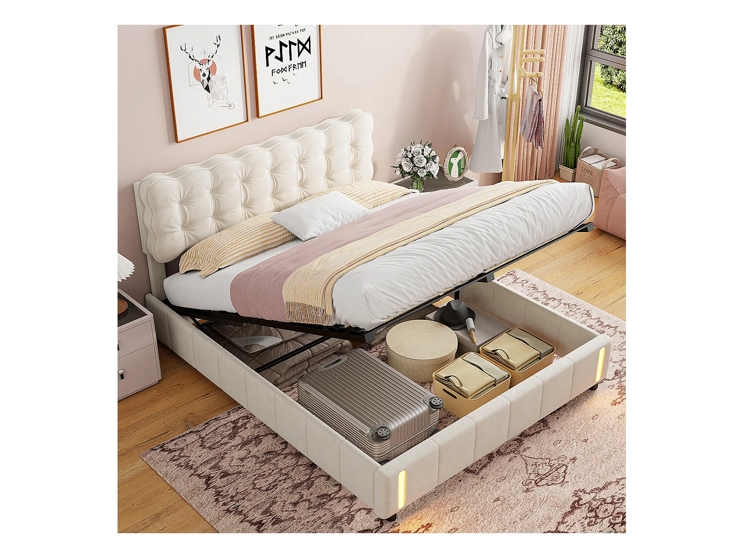 Lit Coffre 140x190 cm avec Lumière LED à capteur Automatique, Lit Capitonné Double avec Rangement, Fonction hydraulique pour Adulte Jeunesse, Velours