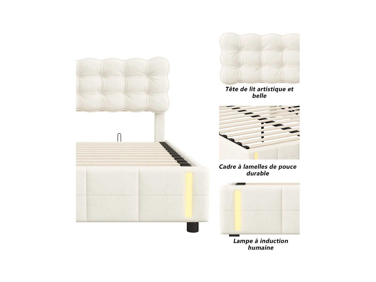 Lit Coffre 140x190 cm avec Lumière LED à capteur Automatique, Lit Capitonné Double avec Rangement, Fonction hydraulique pour Adulte Jeunesse, Velours