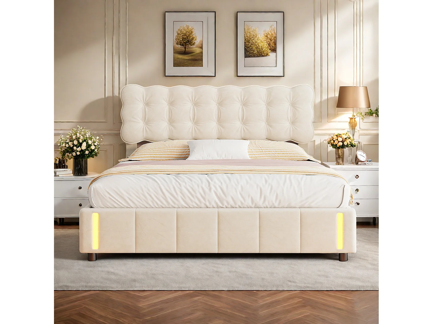 Lit Coffre 140x190 cm  - Velours - Lumière LED à capteur Automatique -  Lit Capitonné Double avec Rangement -  Fonction hydraulique pour Adulte Jeunesse