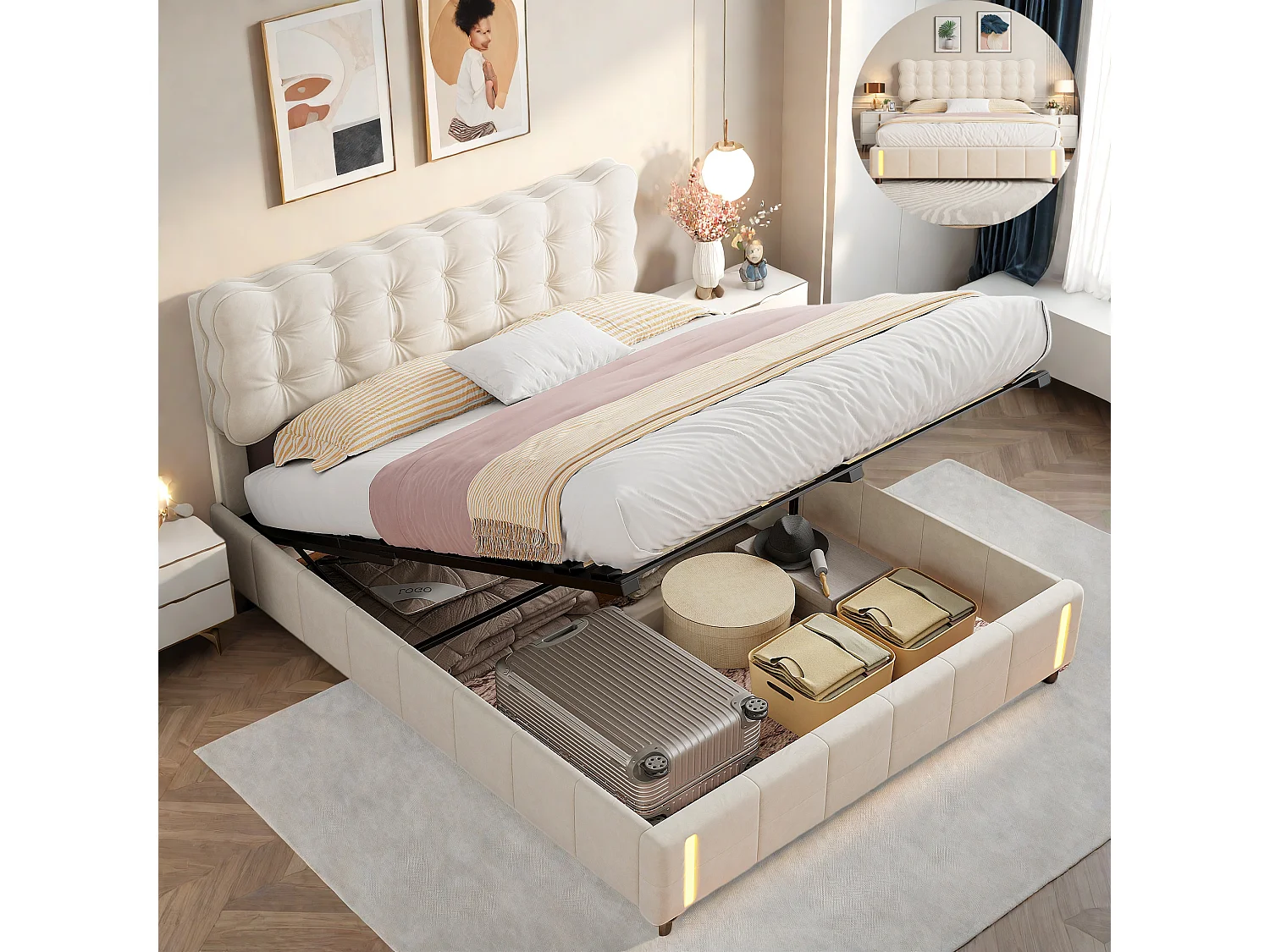 Lit Coffre 140x190 cm  - Velours - Lumière LED à capteur Automatique -  Lit Capitonné Double avec Rangement -  Fonction hydraulique pour Adulte Jeunesse
