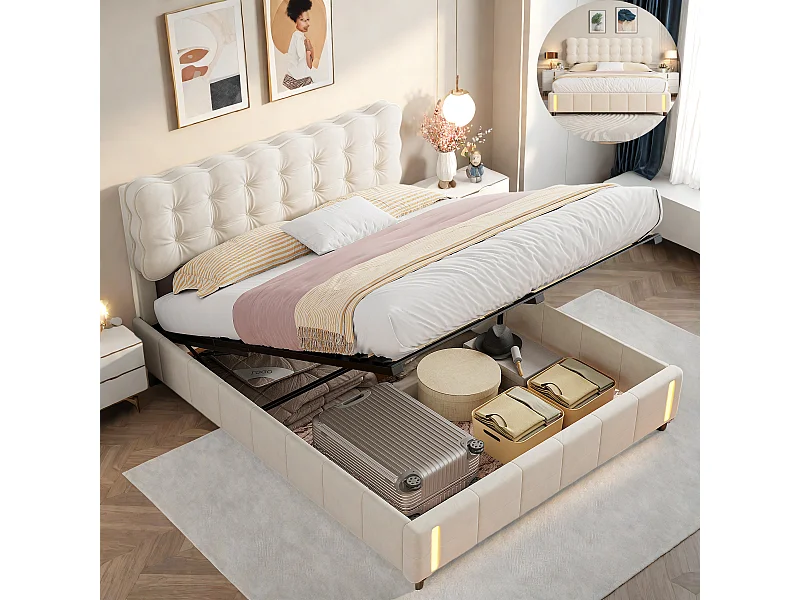 Lit Coffre 140x190 cm  - Velours - Lumière LED à capteur Automatique -  Lit Capitonné Double avec Rangement -  Fonction hydraulique pour Adulte Jeunesse