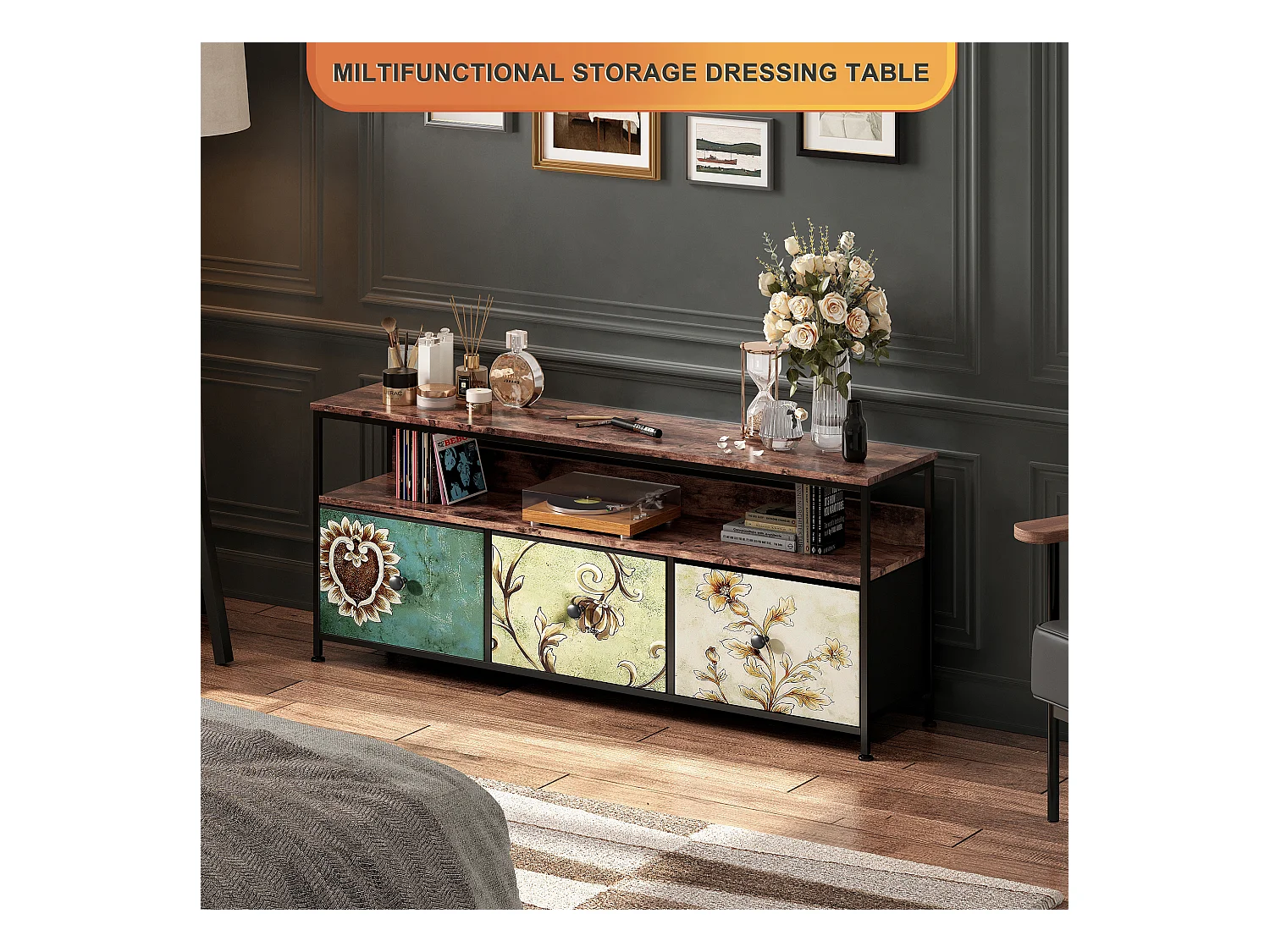 Commode Chambre  avec LED& 3 Tiroirs, Armoire à tiroirs multifonctionnelle pour Chambre et Salon - Buffet Stable et résistant, 108 * 30 * 57 cm, Colorés