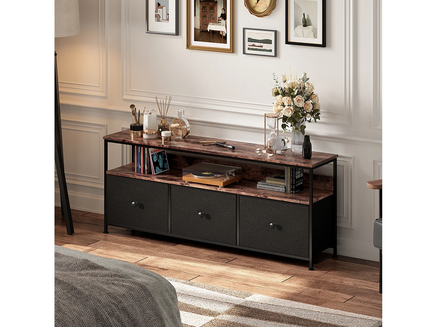 Meuble TV LED avec 3 Tiroirs, Petit Meuble Tele avec Rangement, Banc TV, Support Télé, Commode en Tissu pour Le Salon Chambre à Coucher Entrée Rustique, Vintage et