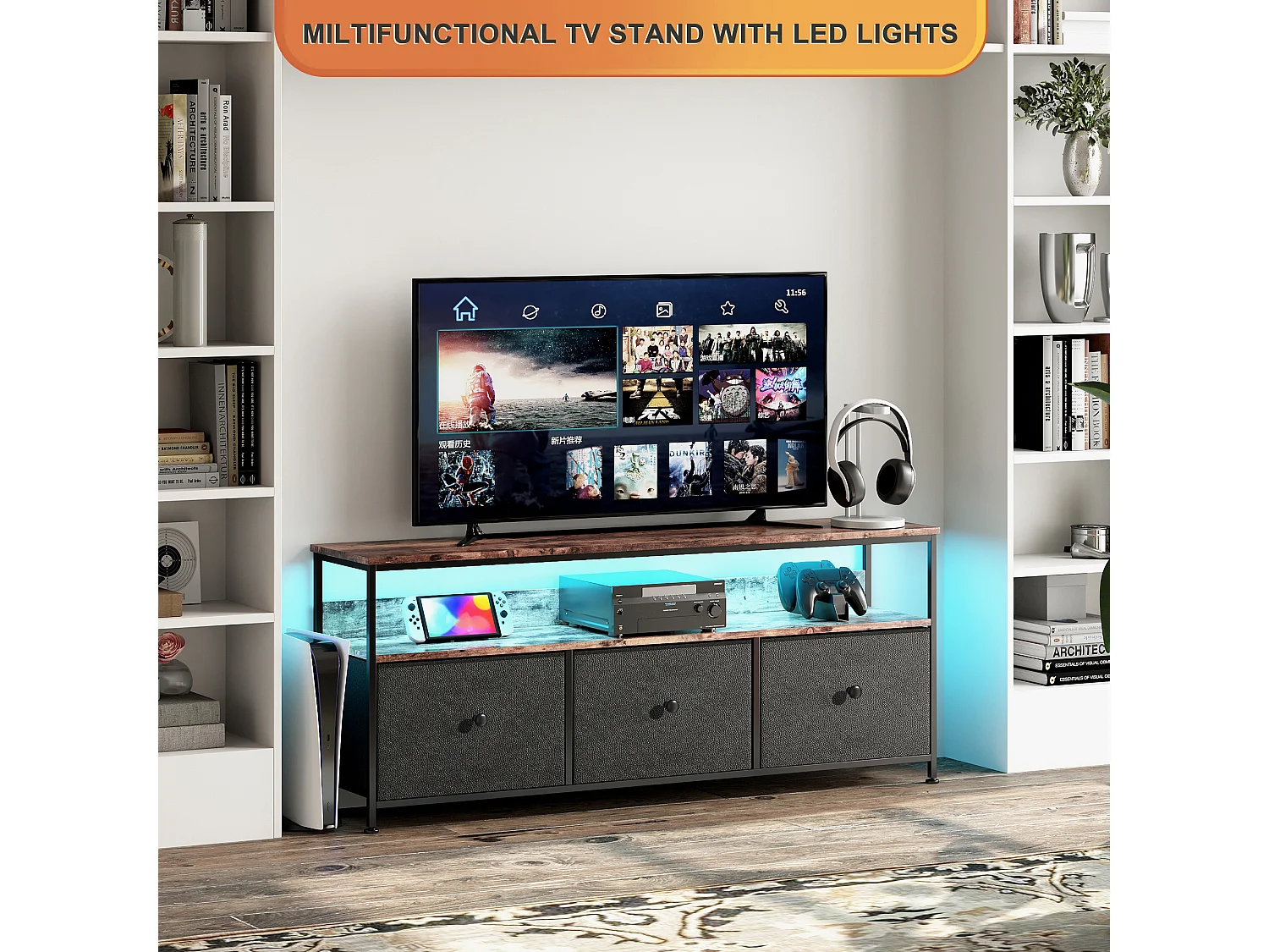 Meuble TV LED avec 3 Tiroirs, Petit Meuble Tele avec Rangement, Banc TV, Support Télé, Commode en Tissu pour Le Salon Chambre à Coucher Entrée Rustique, Vintage et