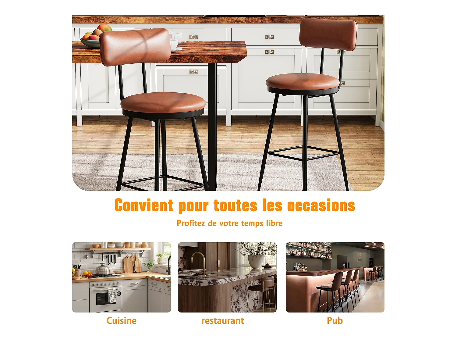 Tabouret de Bar, Lot de 2, Chaise Haute Cuisine,Chaise de Bar avec Repose-Pieds et Dossier,pour Salle à Manger, Cuisine, Simili Cuir,Marron
