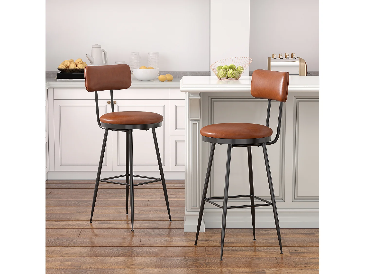 Juego de 2 taburetes de bar, silla alta de cocina con reposapiés y respaldo, para comedor y cocina, piel sintética, color marrón
