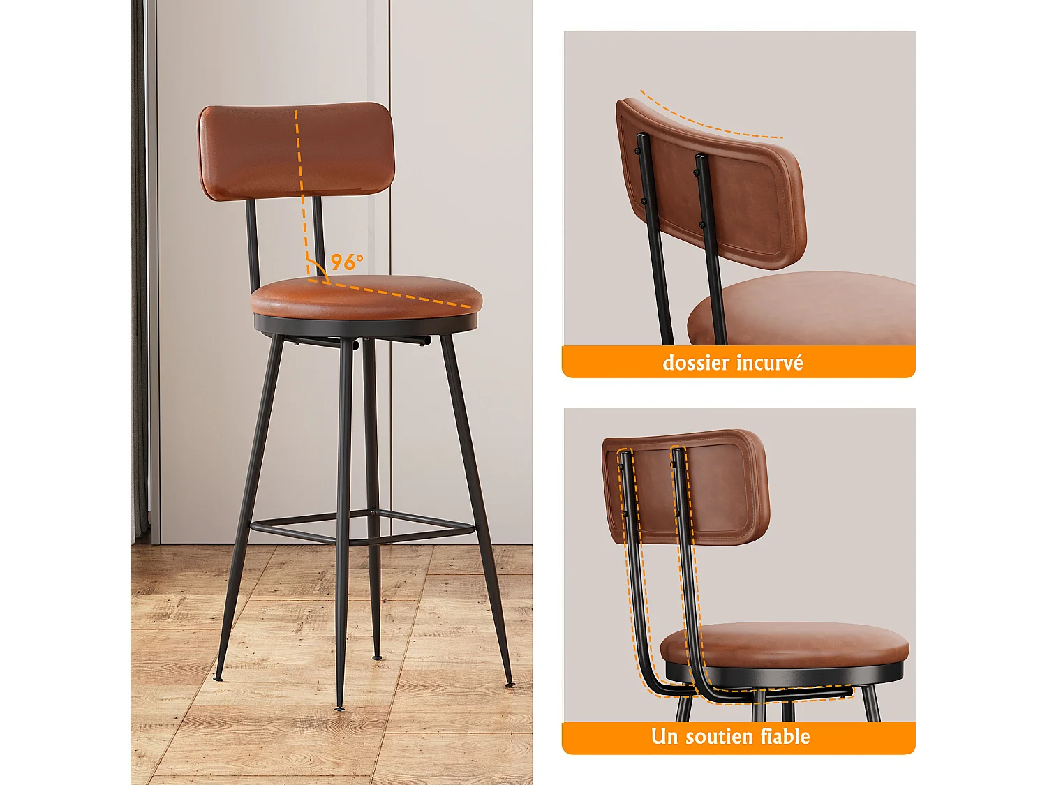 Bancos de bar, conjunto de 2, cadeira de refeição de cozinha, cadeira de bar com apoio para os pés e encosto, para sala de jantar, cozinha, pele sintética, castanho