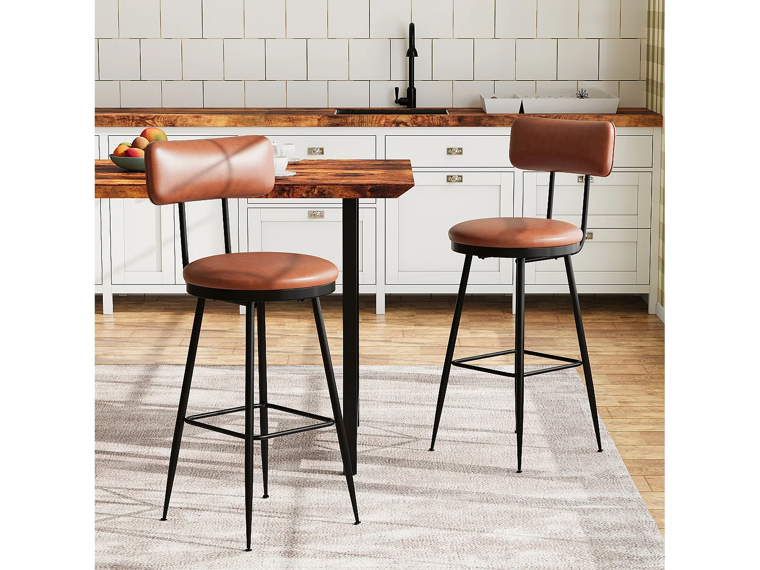 Bancos de bar, conjunto de 2, cadeira de refeição de cozinha, cadeira de bar com apoio para os pés e encosto, para sala de jantar, cozinha, pele sintética, castanho
