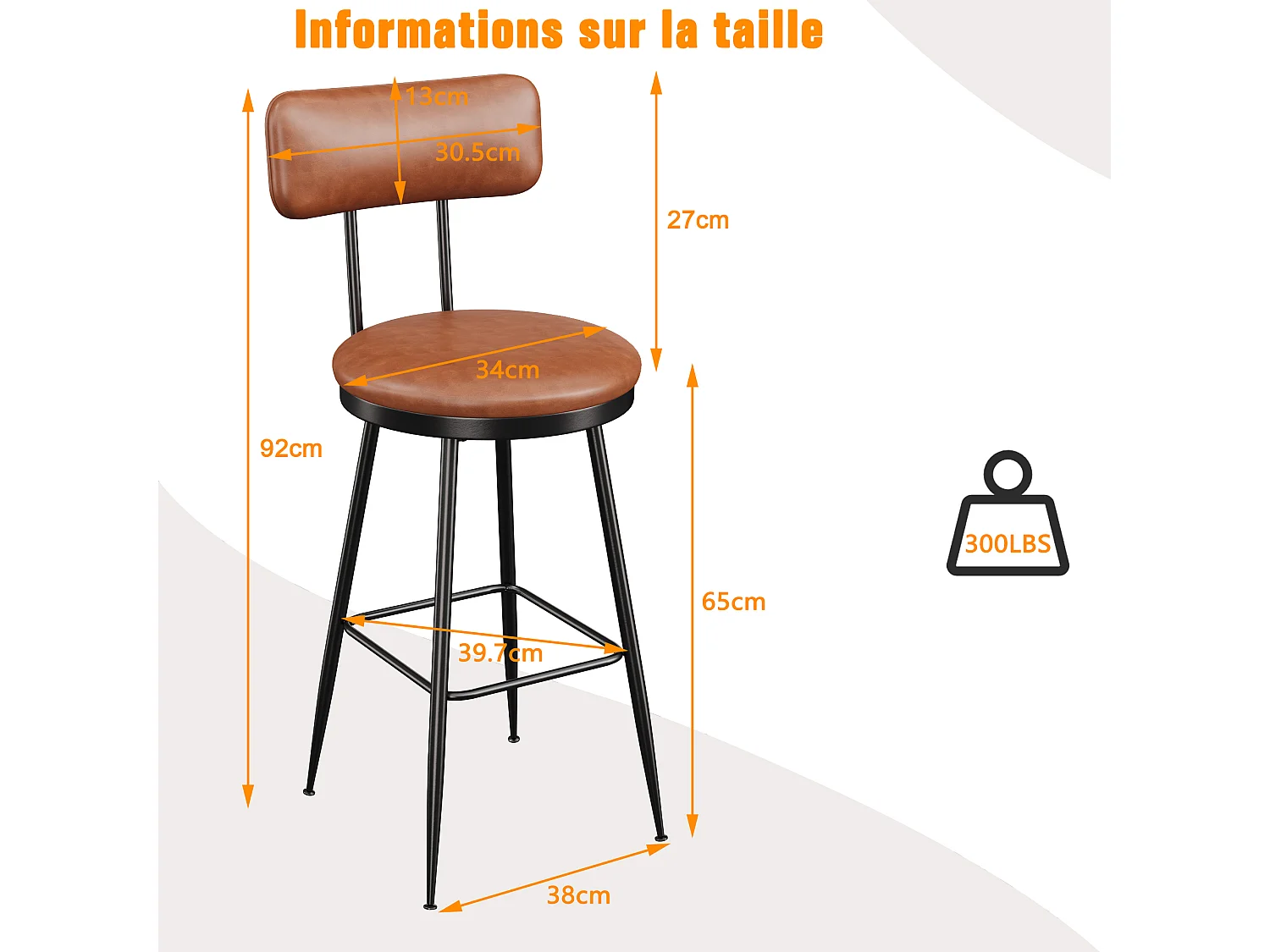 Bancos de bar, conjunto de 2, cadeira de refeição de cozinha, cadeira de bar com apoio para os pés e encosto, para sala de jantar, cozinha, pele sintética, castanho