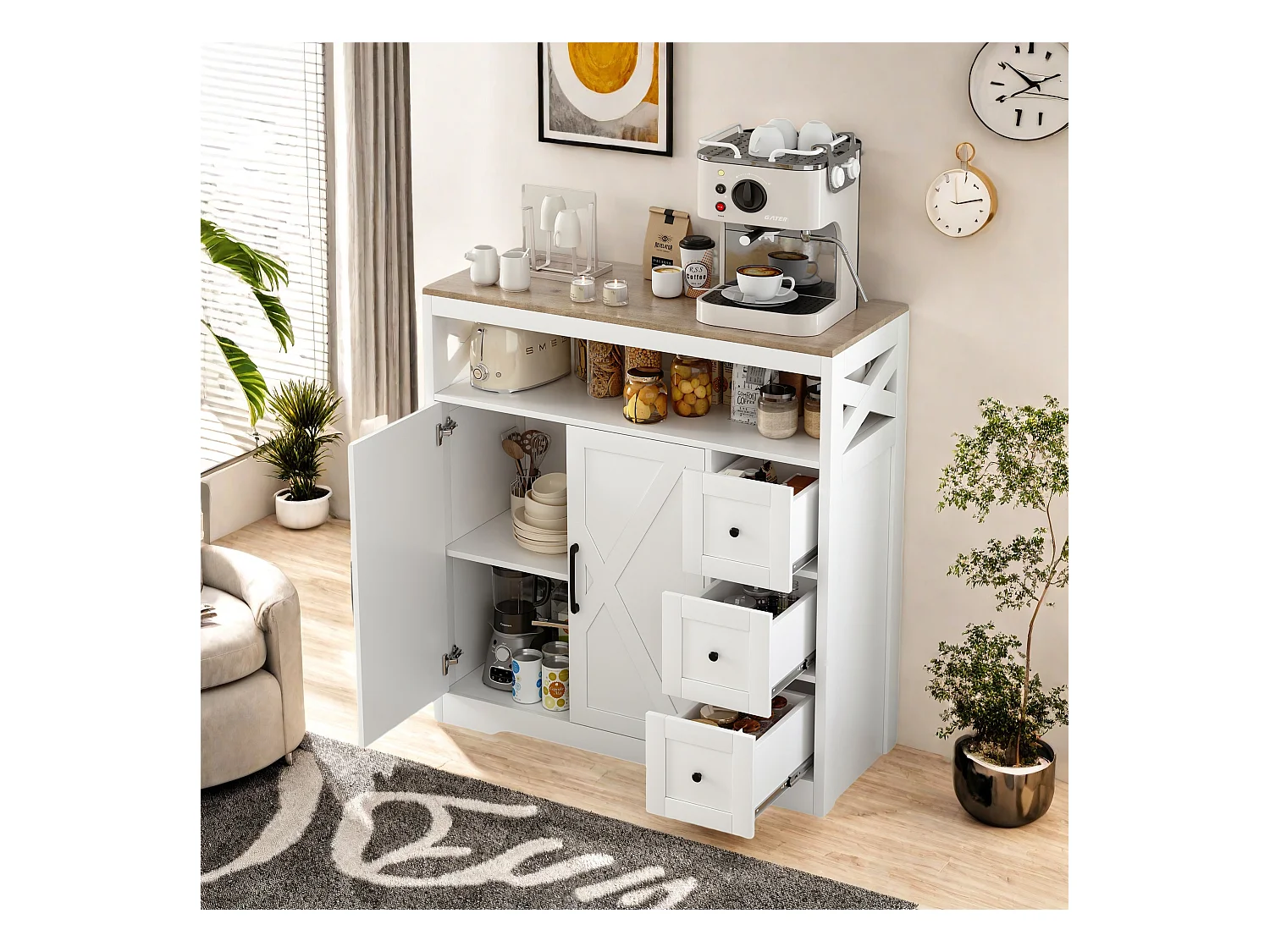 Meuble de Cuisine avec 3 tiroirs et 2 Portes, Commode, Buffet, Étagères réglables, Meuble de rangement en bois, 100x40x105cm, Blanc