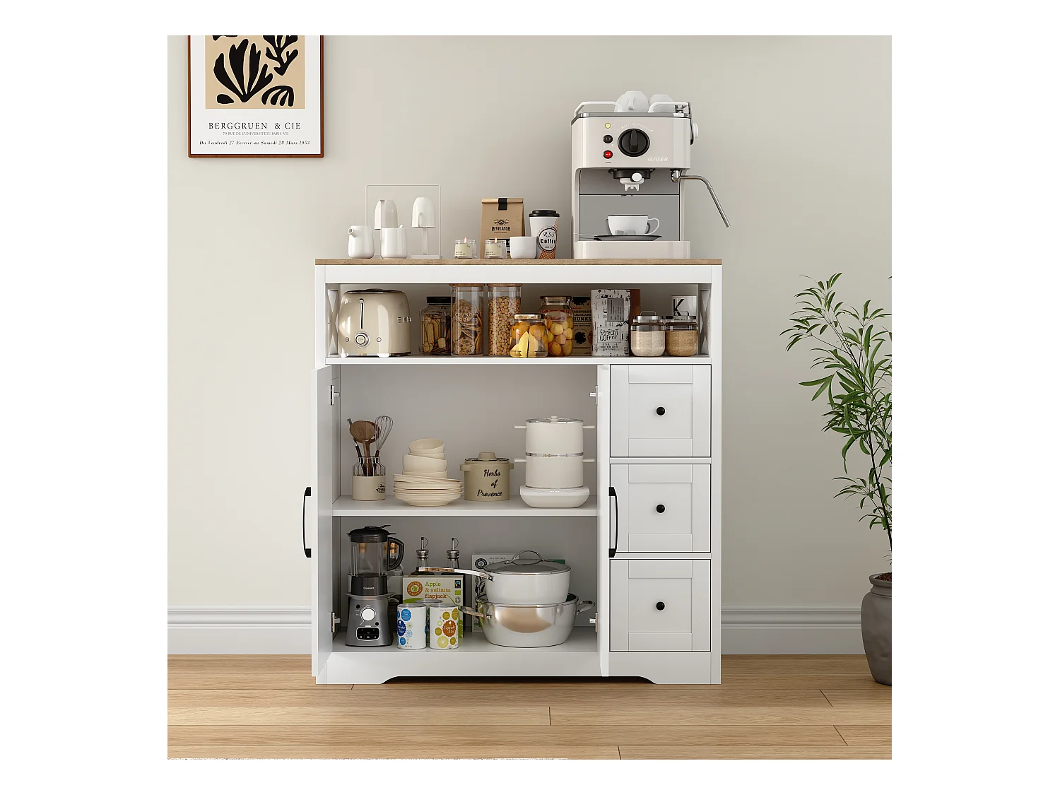 Meuble de Cuisine avec 3 tiroirs et 2 Portes, Commode, Buffet, Étagères réglables, Meuble de rangement en bois, 100x40x105cm, Blanc