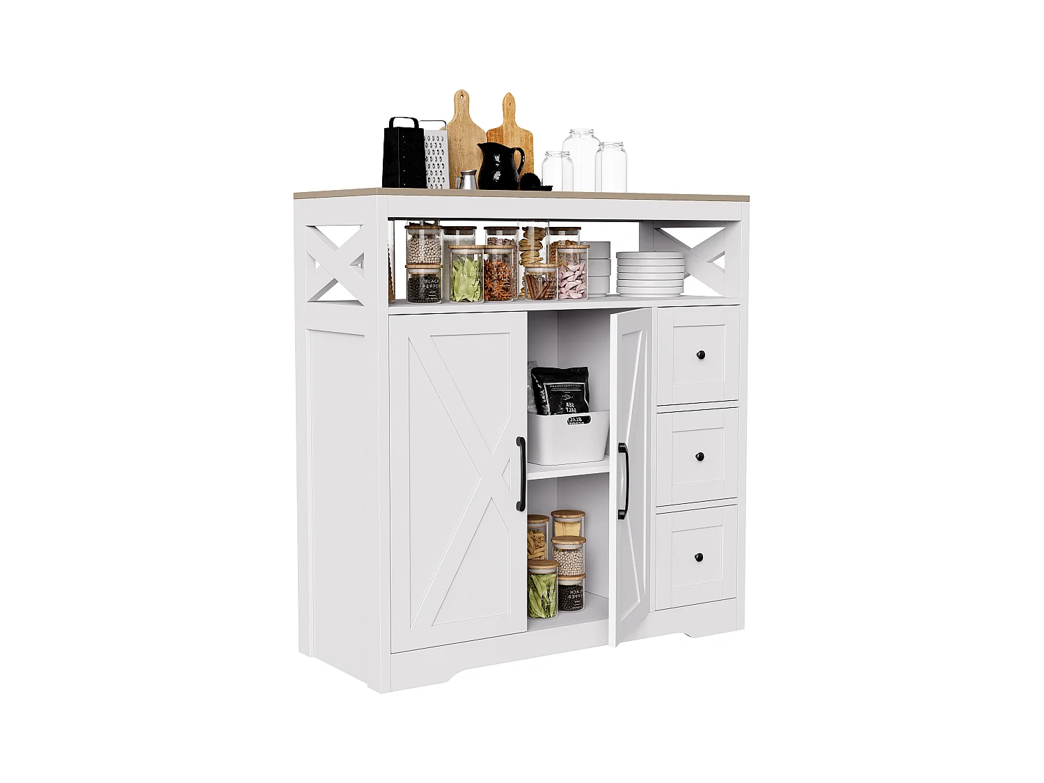 Meuble de Cuisine avec 3 tiroirs et 2 Portes, Commode, Buffet, Étagères réglables, Meuble de rangement en bois, 100x40x105cm, Blanc