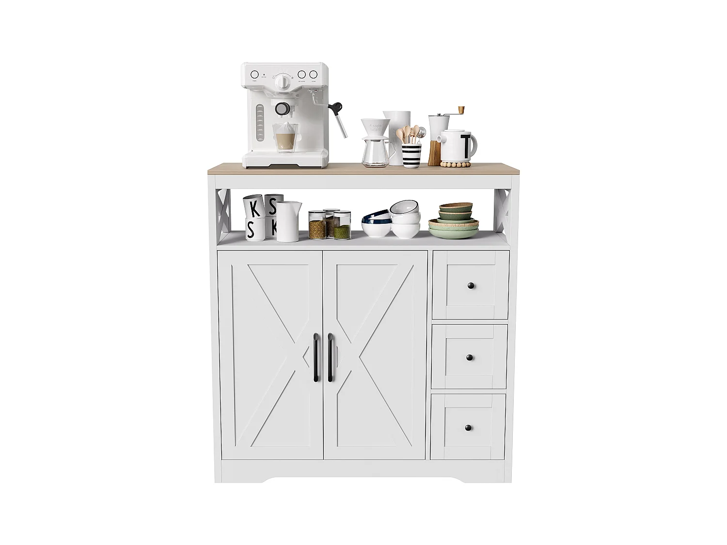 Meuble de Cuisine avec 3 tiroirs et 2 Portes, Commode, Buffet, Étagères réglables, Meuble de rangement en bois, 100x40x105cm, Blanc