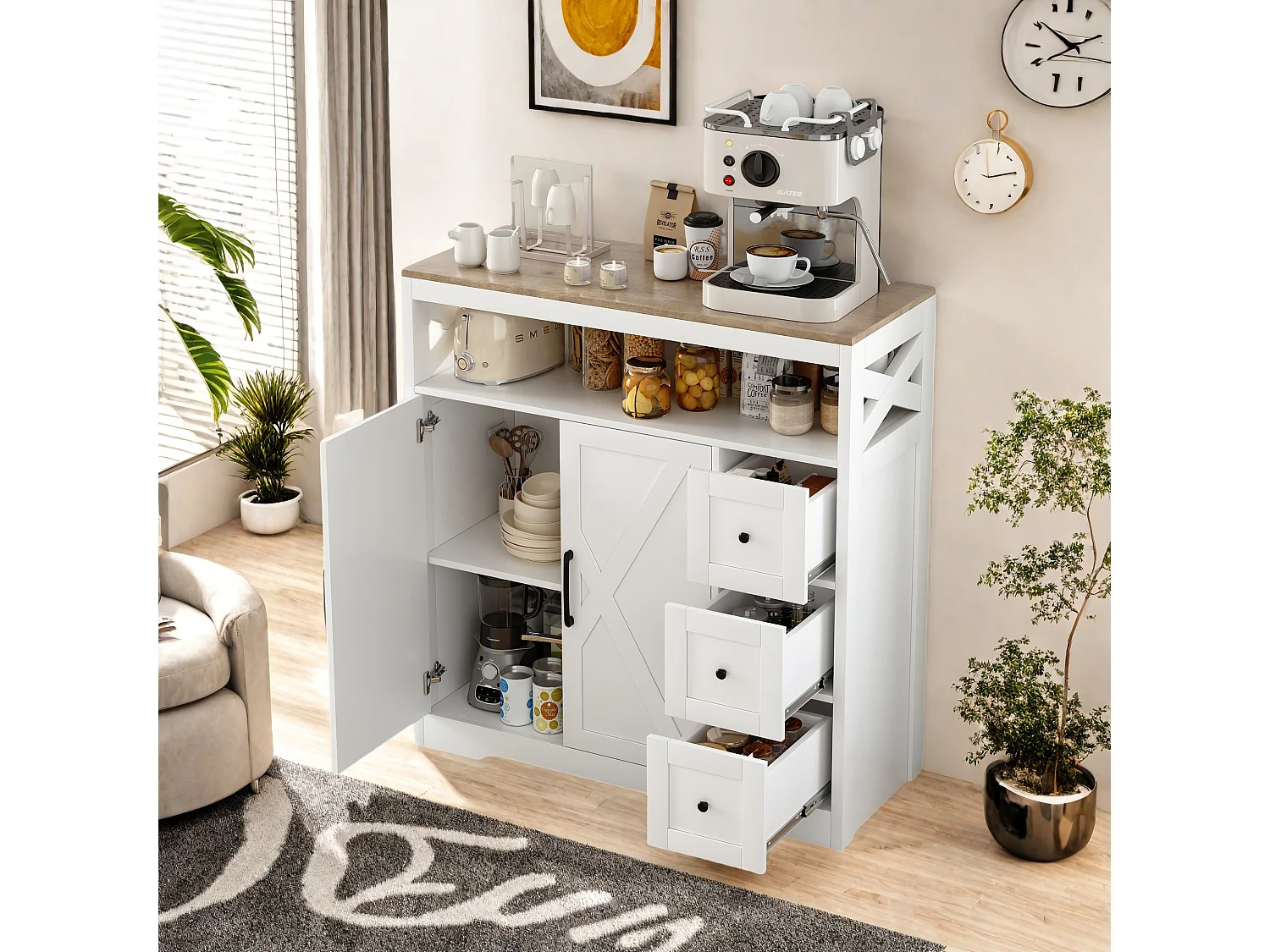 Meuble de Cuisine avec 3 tiroirs et 2 Portes, Commode, Buffet, Étagères réglables, Meuble de rangement en bois, 100x40x105cm, Blanc