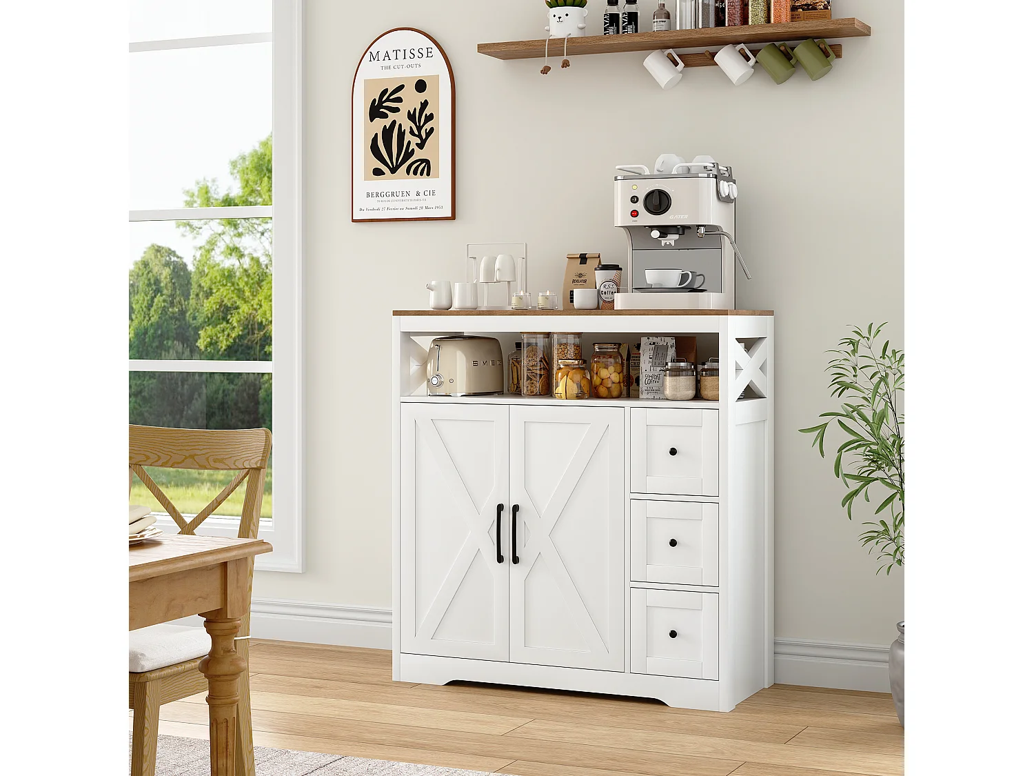 Meuble de Cuisine avec 3 tiroirs et 2 Portes, Commode, Buffet, Étagères réglables, Meuble de rangement en bois, 100x40x105cm, Blanc