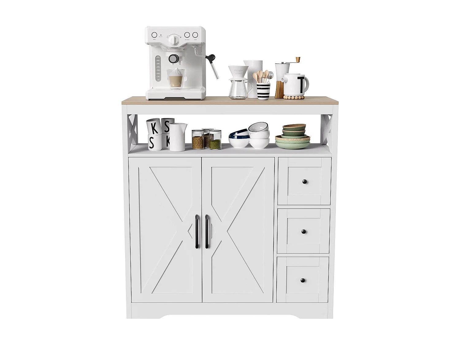 Meuble de Cuisine avec 3 tiroirs et 2 Portes, Commode, Buffet, Étagères réglables, Meuble de rangement en bois, 100x40x105cm, Blanc