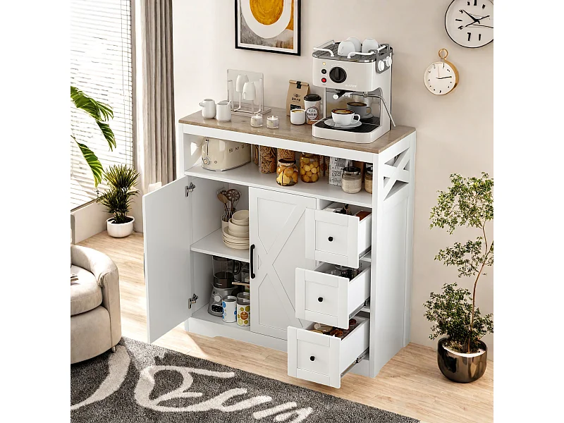 Meuble de Cuisine avec 3 tiroirs et 2 Portes, Commode, Buffet, Étagères réglables, Meuble de rangement en bois, 100x40x105cm, Blanc