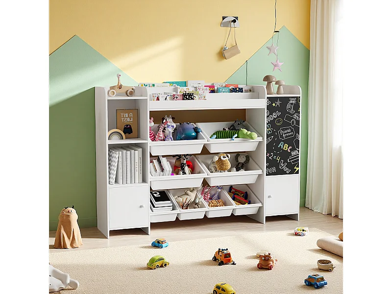 Étagère pour Enfant, Bibliothèque Enfant, Meuble Rangement, Étagère pour enfant avec 8 boîte de rangement et planche à dessin, Blanc