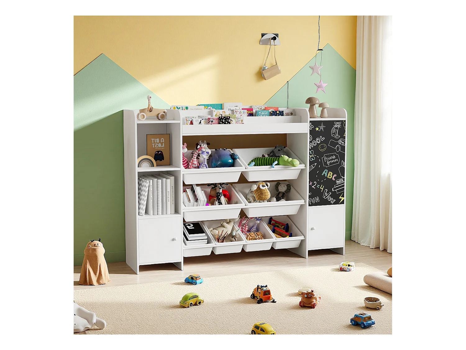 Étagère pour Enfant, Bibliothèque Enfant, Meuble Rangement, Étagère pour enfant avec 8 boîte de rangement et planche à dessin, Blanc