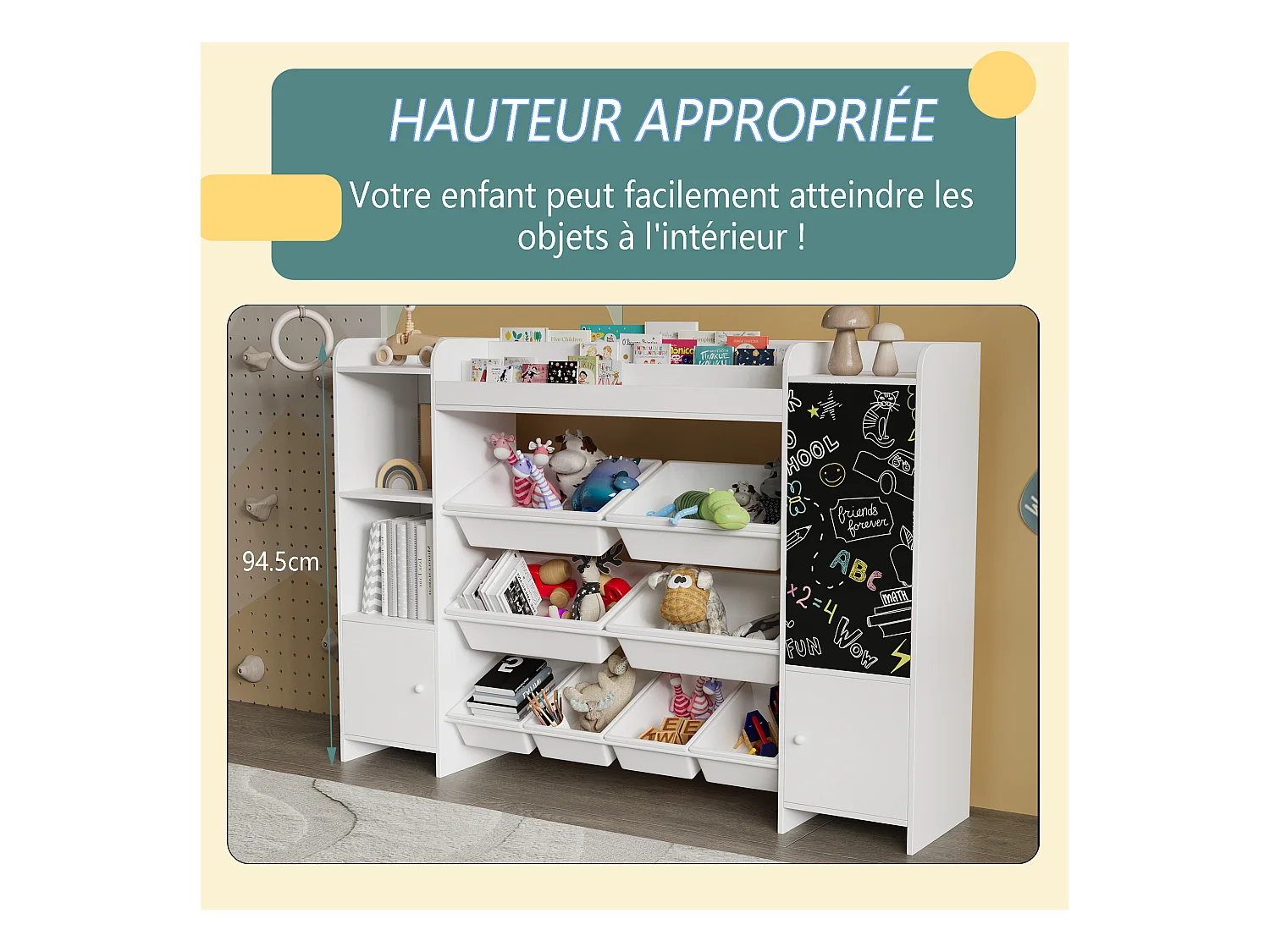 Étagère pour Enfant, Bibliothèque Enfant, Meuble Rangement, Étagère pour enfant avec 8 boîte de rangement et planche à dessin, Blanc