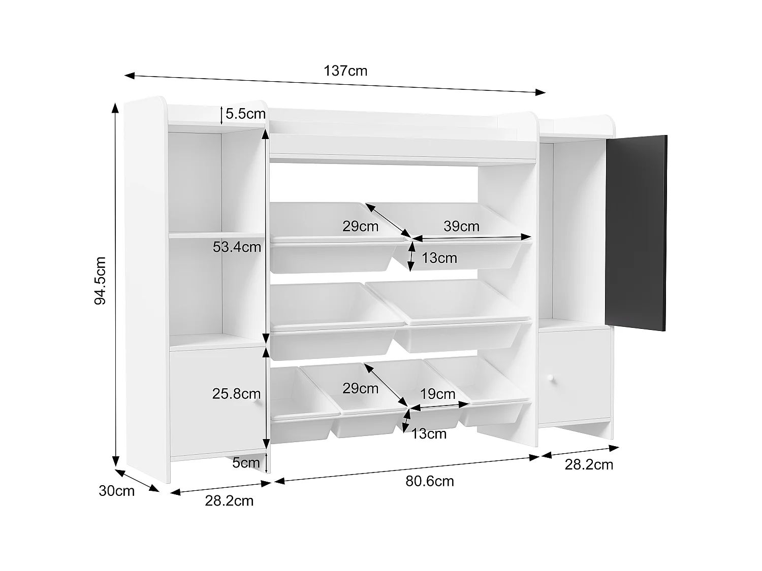 Étagère pour Enfant, Bibliothèque Enfant, Meuble Rangement, Étagère pour enfant avec 8 boîte de rangement et planche à dessin, Blanc