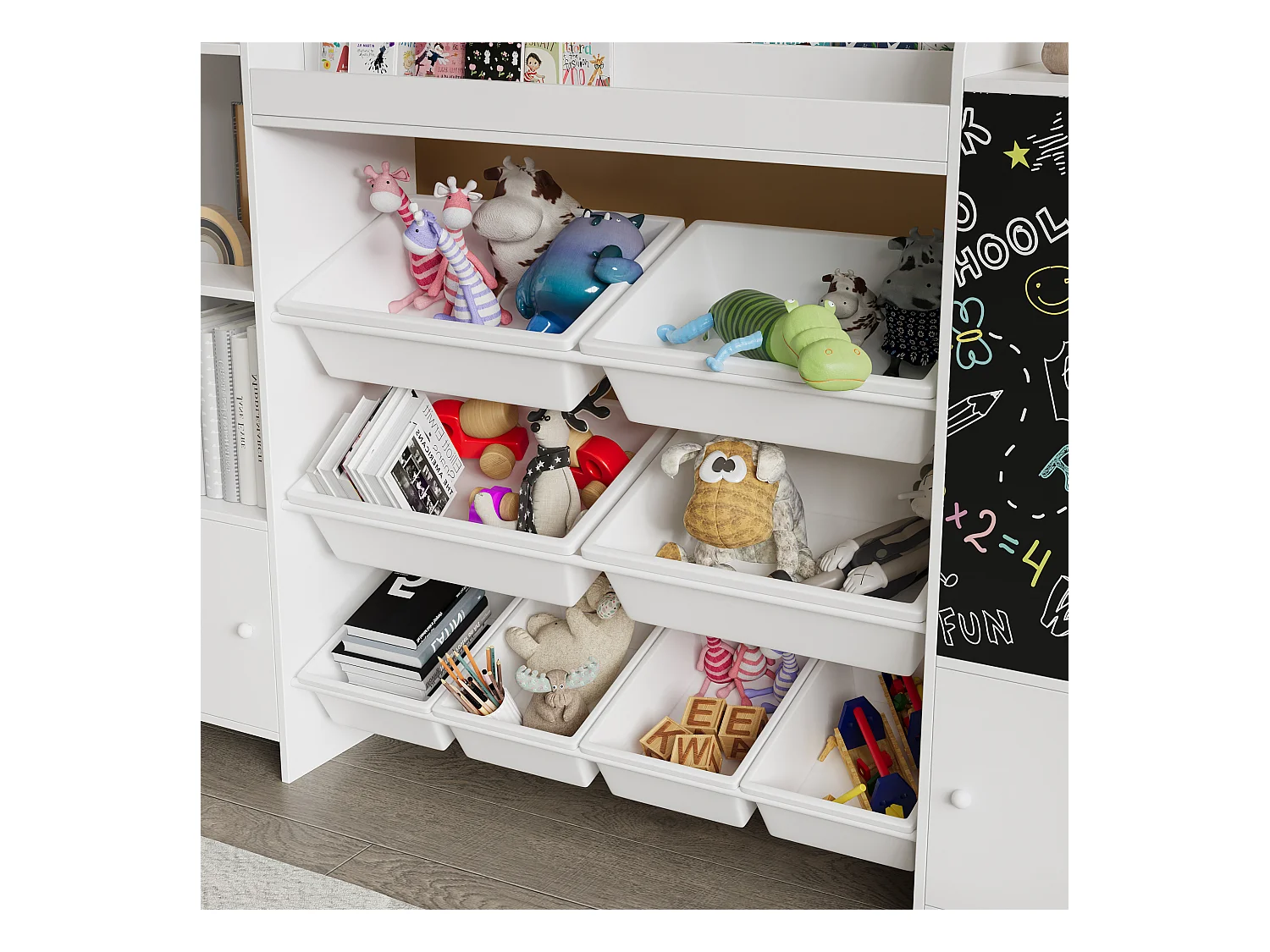 Étagère pour Enfant, Bibliothèque Enfant, Meuble Rangement, Étagère pour enfant avec 8 boîte de rangement et planche à dessin, Blanc