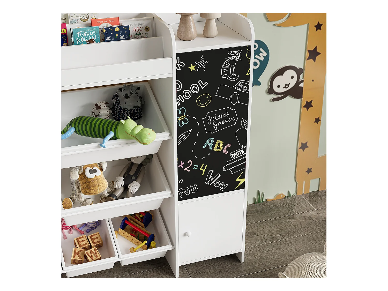Étagère pour Enfant, Bibliothèque Enfant, Meuble Rangement, Étagère pour enfant avec 8 boîte de rangement et planche à dessin, Blanc