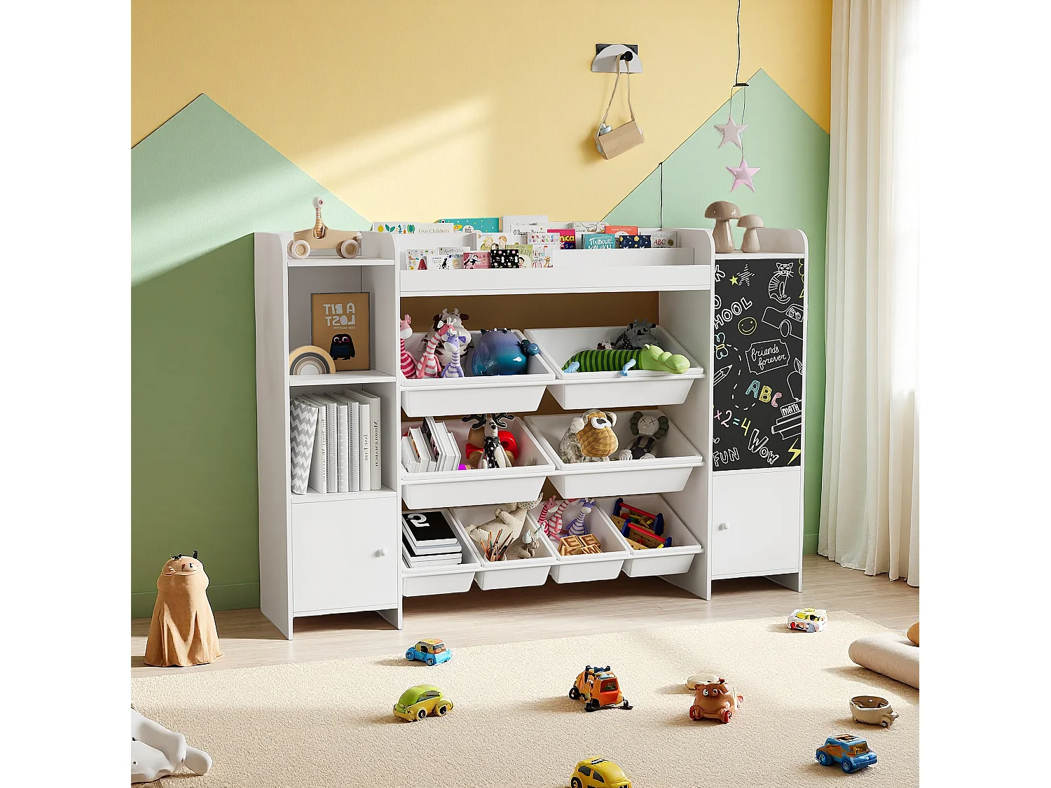 Étagère pour Enfant, Bibliothèque Enfant, Meuble Rangement, Étagère pour enfant avec 8 boîte de rangement et planche à dessin, Blanc