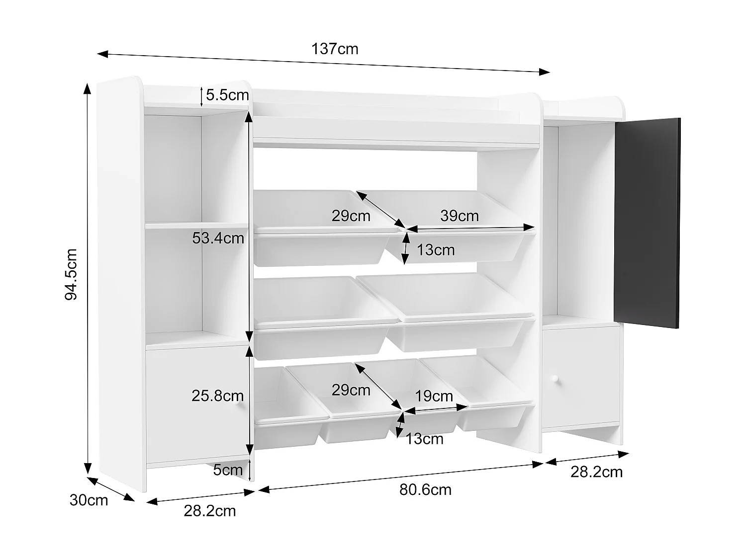Étagère pour Enfant, Bibliothèque Enfant, Meuble Rangement, Étagère pour enfant avec 8 boîte de rangement et planche à dessin, Blanc