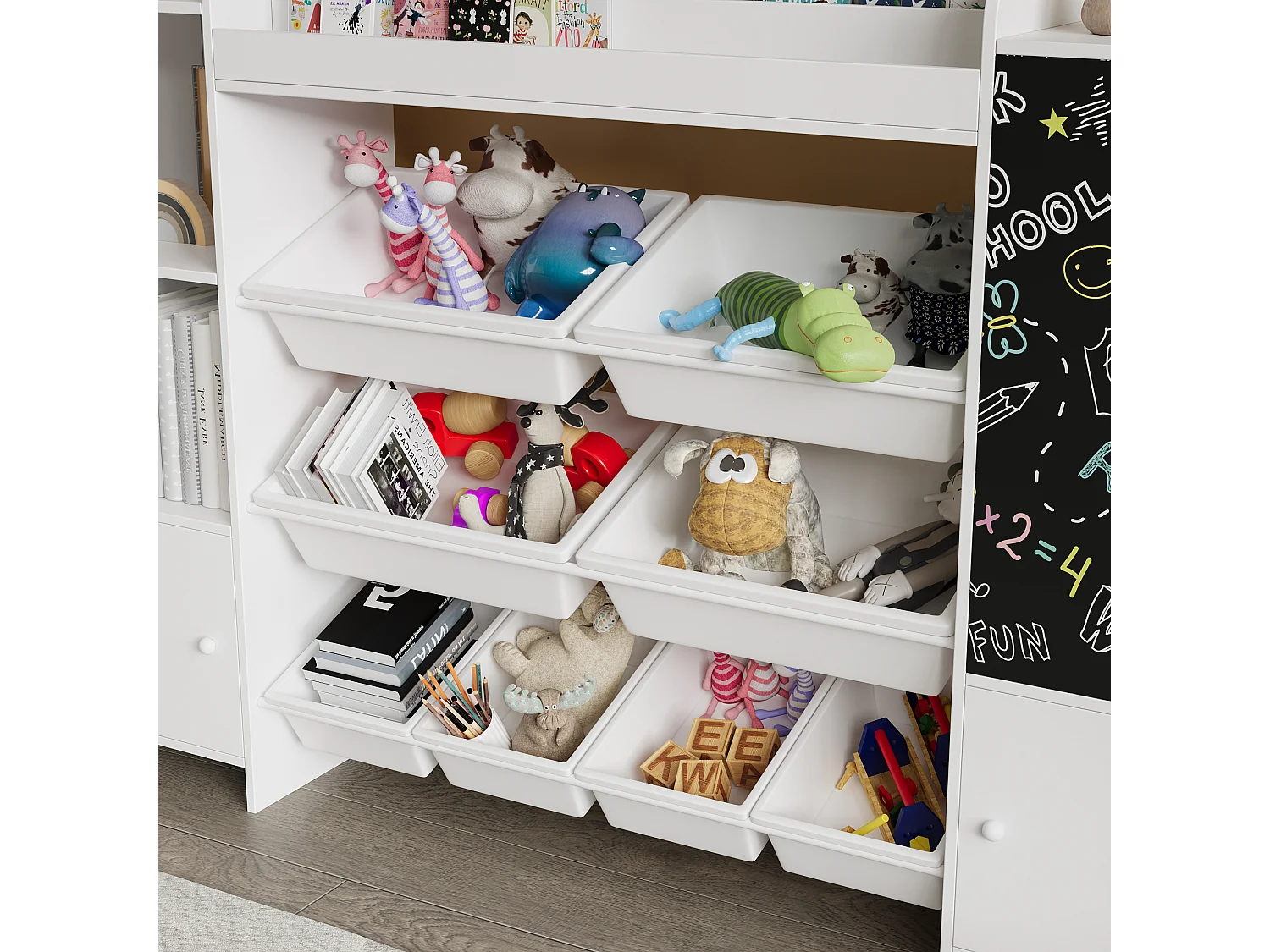 Étagère pour Enfant, Bibliothèque Enfant, Meuble Rangement, Étagère pour enfant avec 8 boîte de rangement et planche à dessin, Blanc