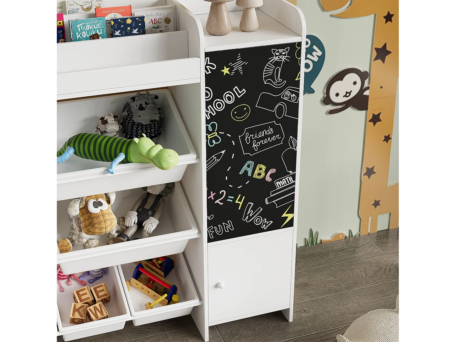 Étagère pour Enfant, Bibliothèque Enfant, Meuble Rangement, Étagère pour enfant avec 8 boîte de rangement et planche à dessin, Blanc