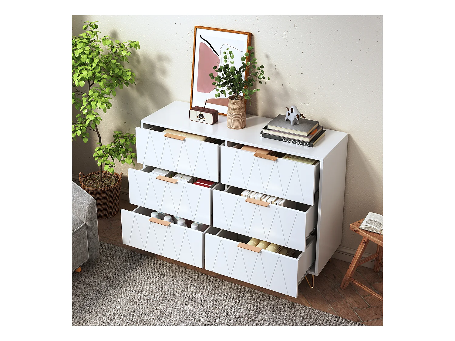 Commode, Armoire avec 6 Tiroirs, Meuble de Rangement Chambre Enfant/Adulte, 100 x 34 x 73cm, Buffet Salon, Style Scandinave Elégant, Couleur Blanc