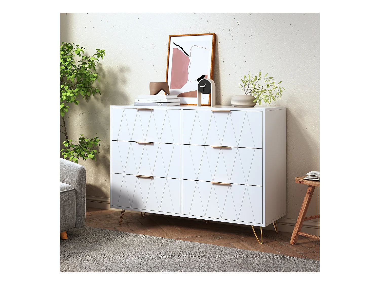 Commode, Armoire avec 6 Tiroirs, Meuble de Rangement Chambre Enfant/Adulte, 100 x 34 x 73cm, Buffet Salon, Style Scandinave Elégant, Couleur Blanc