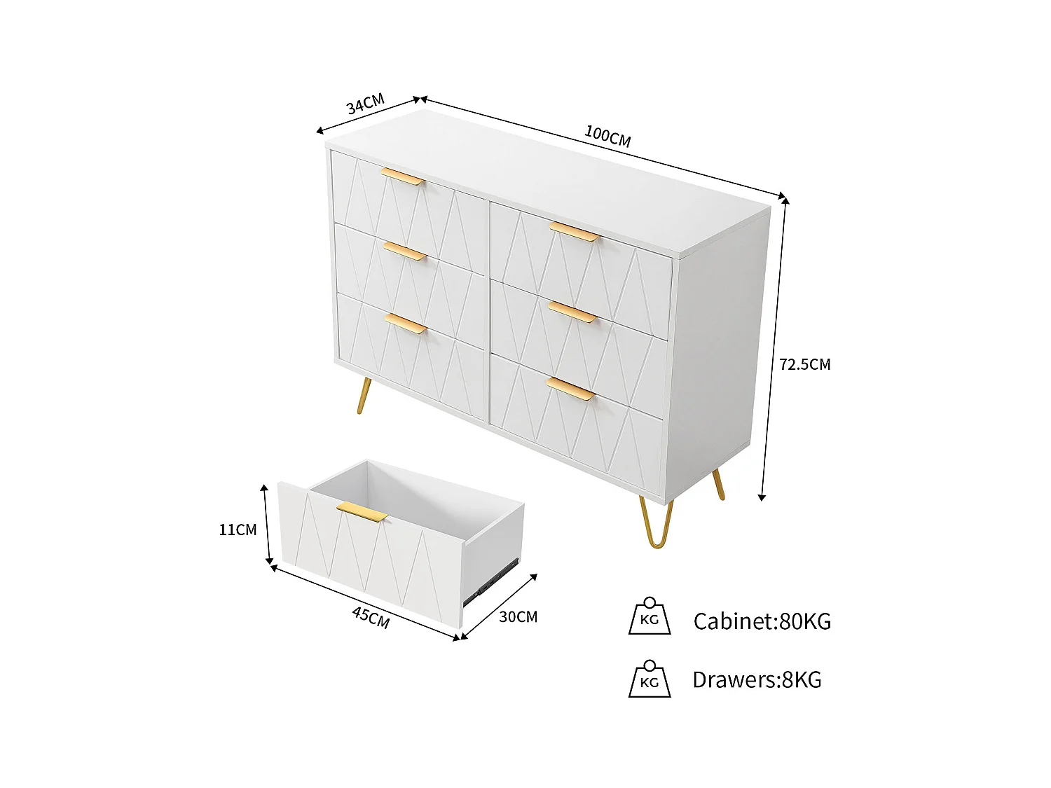 Commode, Armoire avec 6 Tiroirs, Meuble de Rangement Chambre Enfant/Adulte, 100 x 34 x 73cm, Buffet Salon, Style Scandinave Elégant, Couleur Blanc