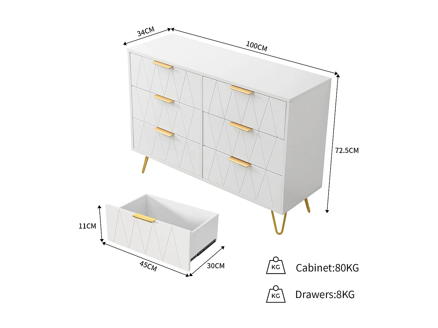 Commode, Armoire avec 6 Tiroirs, Meuble de Rangement Chambre Enfant/Adulte, 100 x 34 x 73cm, Buffet Salon, Style Scandinave Elégant, Couleur Blanc