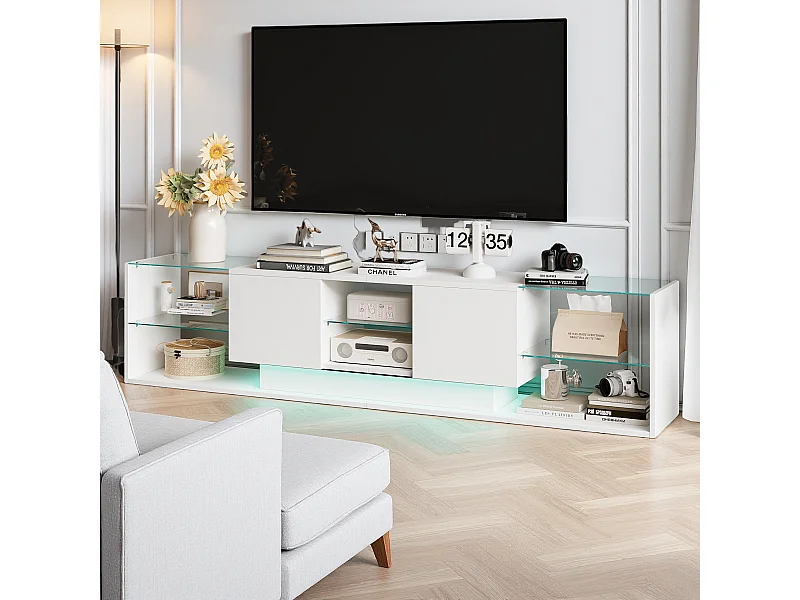 Meuble TV LED, Meuble TV Blanc Brillante, Armoire De Télévision avec 2 Tiroirs, Étagères Ouvertes en Verre, Meuble Tele, 200x35x45cm
