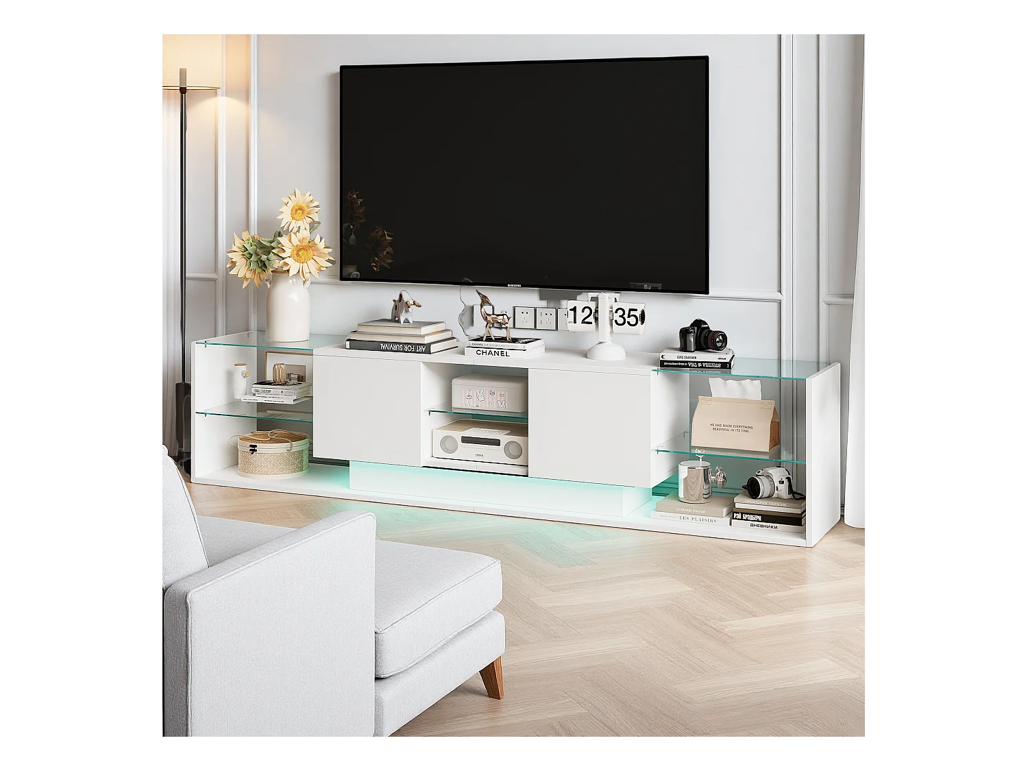 Meuble TV LED, Meuble TV Blanc Brillante, Armoire De Télévision avec 2 Tiroirs, Étagères Ouvertes en Verre, Meuble Tele, 200x35x45cm