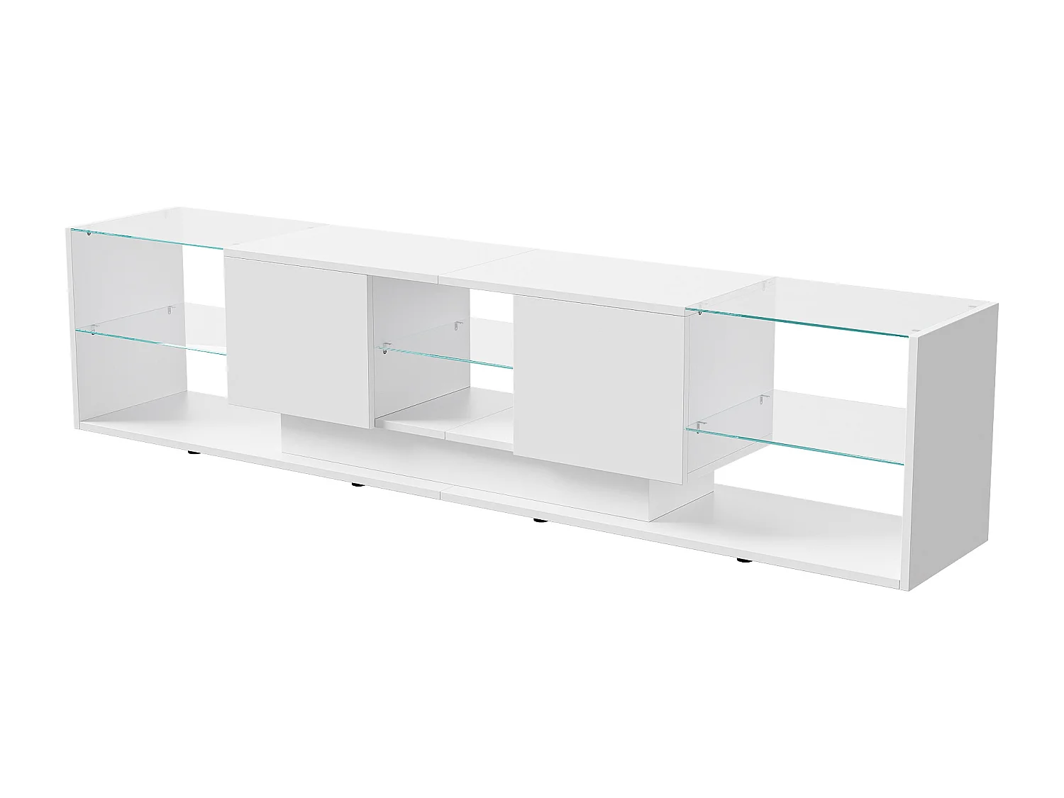 Meuble TV LED, Meuble TV Blanc Brillante, Armoire De Télévision avec 2 Tiroirs, Étagères Ouvertes en Verre, Meuble Tele, 200x35x45cm